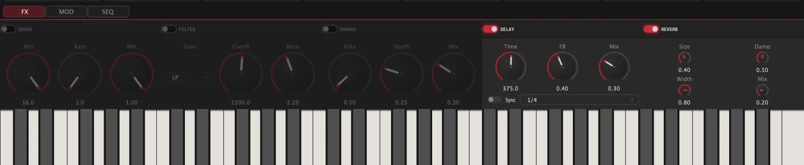 Warpzone built-in FX rack: BitCrush, filter, chorus, delay and reverb